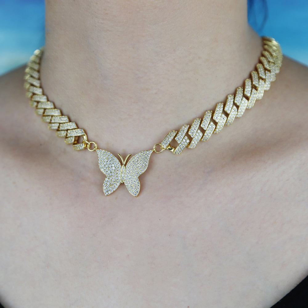 Cuban Link Butterfly Charm Choker Necklace