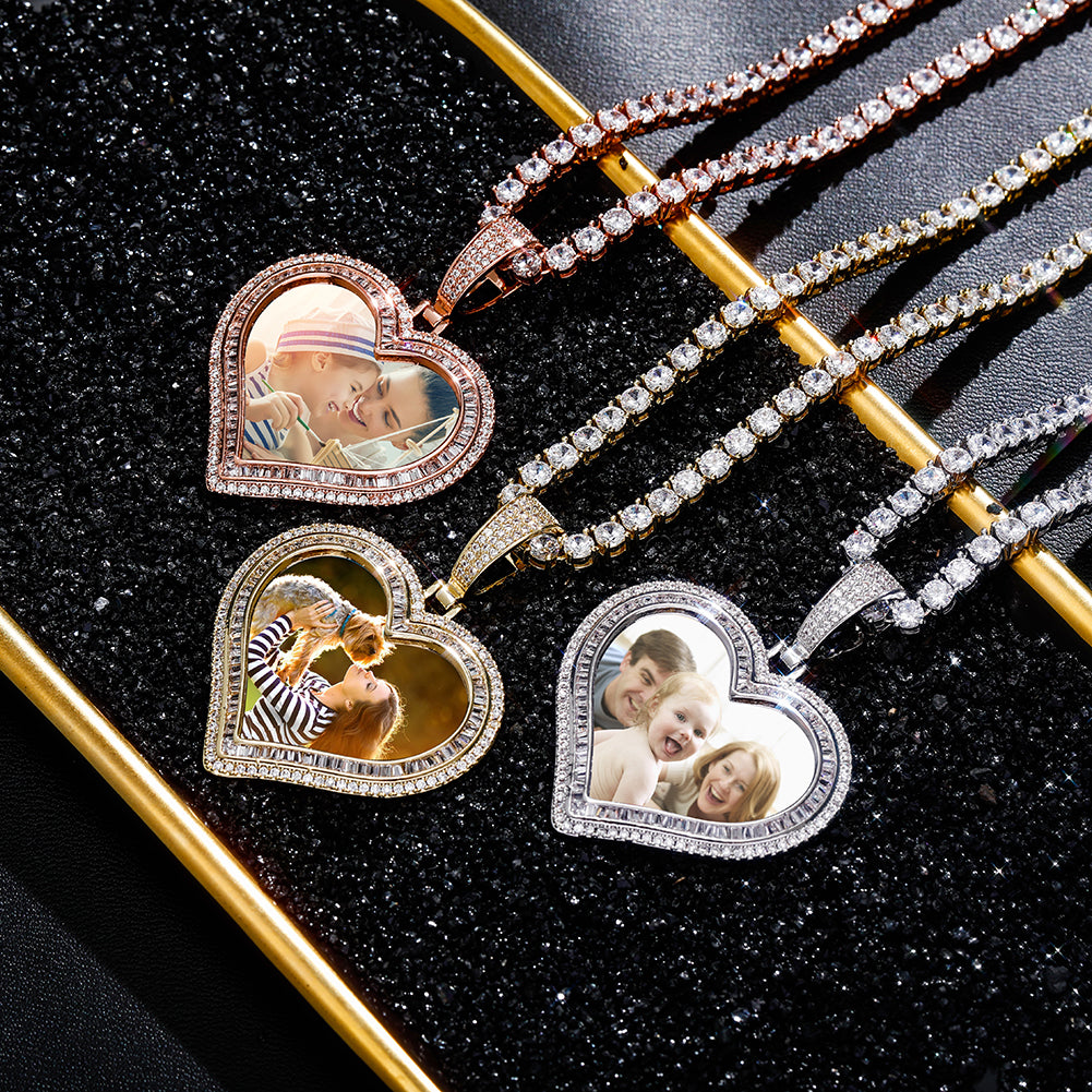 Heart Baguette Custom Photo Pendant Necklace
