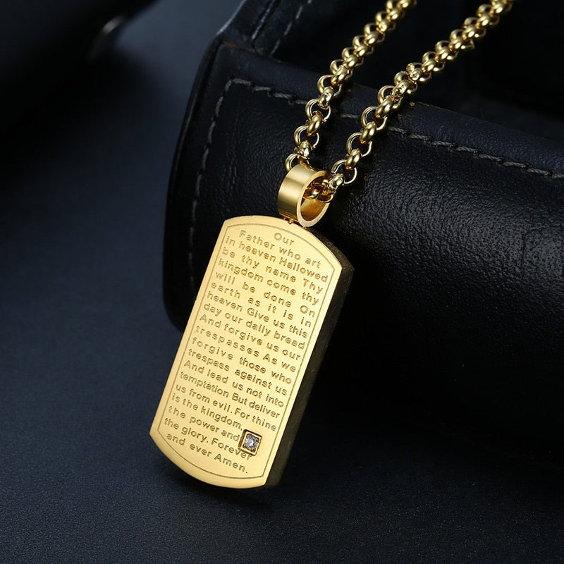"Our Father” Prayer Dog Tag Pendant Chain
