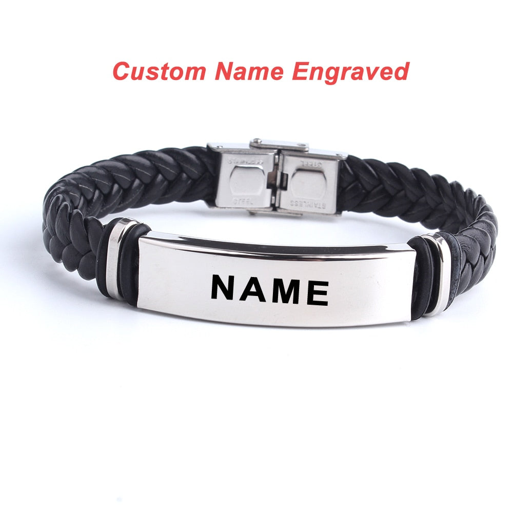 Custom Stainless Steel Name Engravable Leather ID Bangle