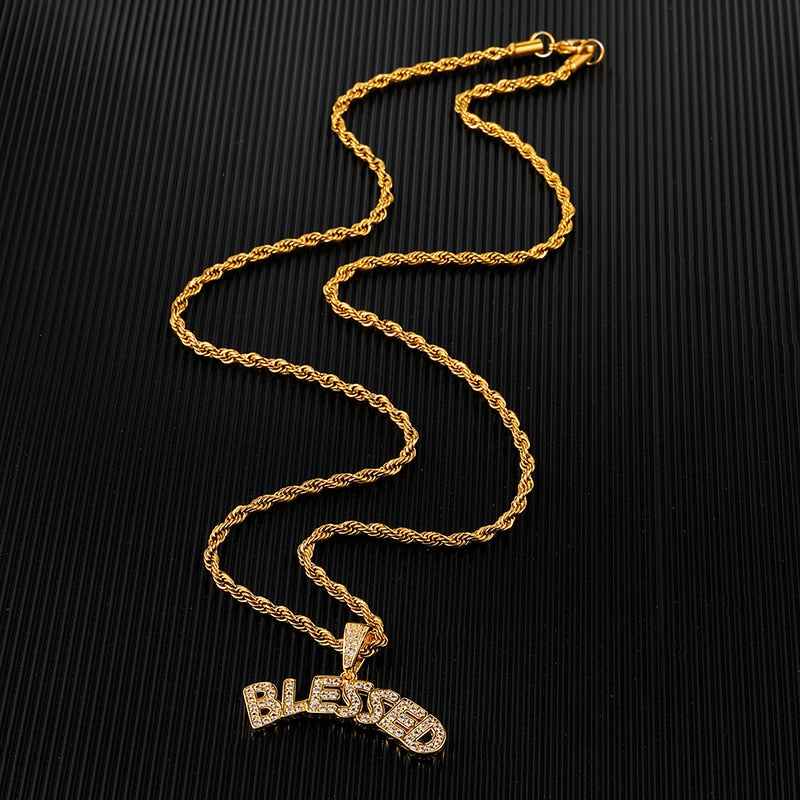 Hip Hop Bling Iced Out BLESSED Letters Pendant