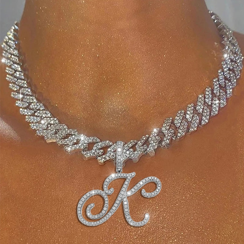 Cursive Initial Iced Out Cuban Choker Necklace