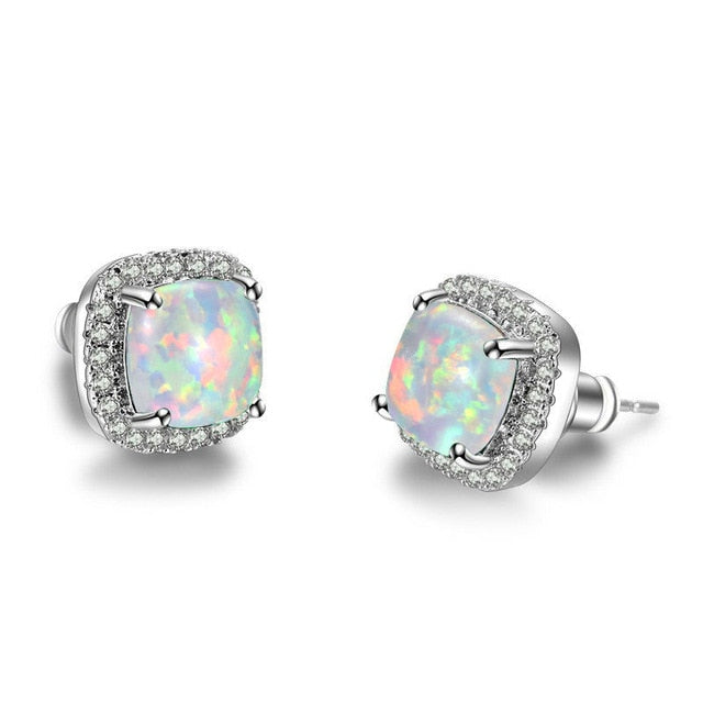 Stud Cubic Earrings - Silver / White Opal