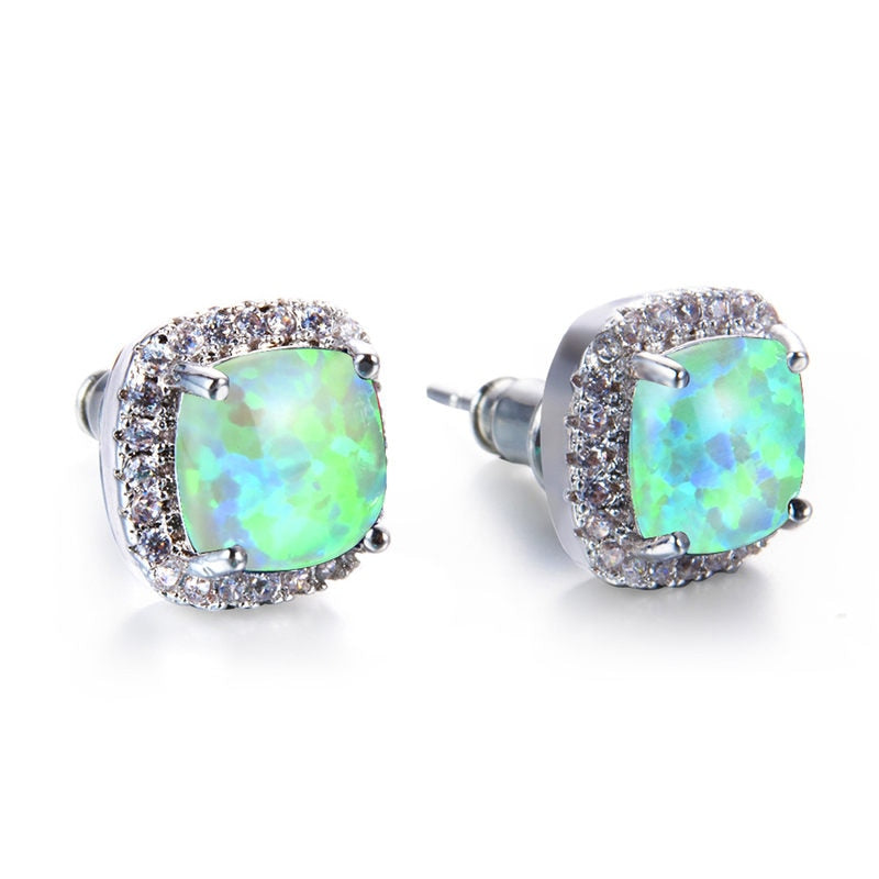 Stud Cubic Earrings - Silver / Green Opal