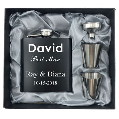 Personalized Engraved Black Hip Flask With Box