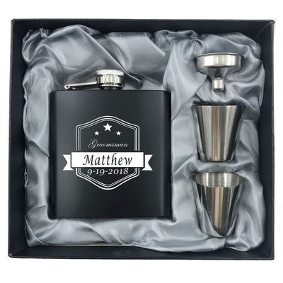 Personalized Engraved Black Hip Flask With Box